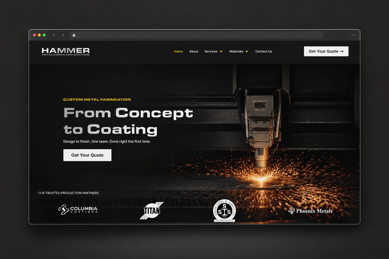 Hammer homepage presented in a single browser mockup on charcoal.